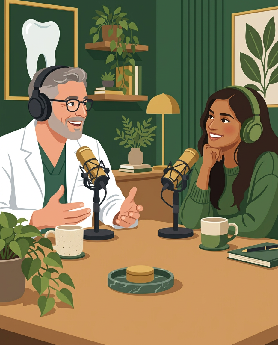 Cartoon dentist interviewing a guest on a podcast